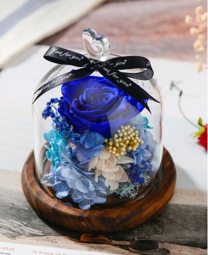 Preserved Fresh Blue Roses Immortal Flower Glasses Gift Box
