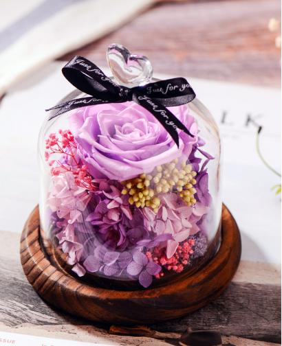 爱丽丝紫色玫瑰永生花玻璃罩礼盒