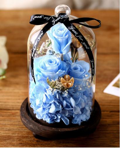 淡蓝色玫瑰永生花玻璃罩礼盒