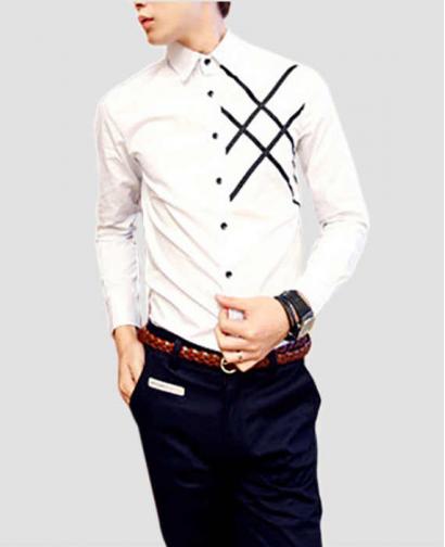时尚男士交叉条纹修身白色衬衫