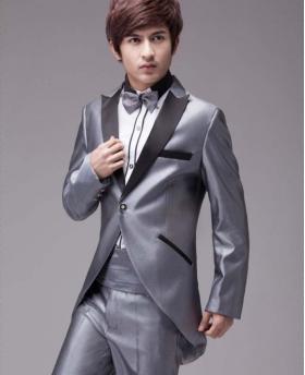 男士时尚银灰色亮光婚礼晚宴燕尾服（包括裤子、领结和腰带）