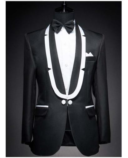 Men's White Curved Collar Black Wedding Blazer Tuxedo (Include Pants)