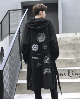 Spring Autumn Men Suede Over the Knee Hooded Long Style Unique Embroidery Thin Cloak Coat
