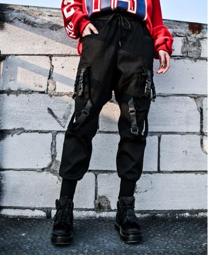 Fashion Straight loose bf handsome hip hop high waist black street style cargo pants