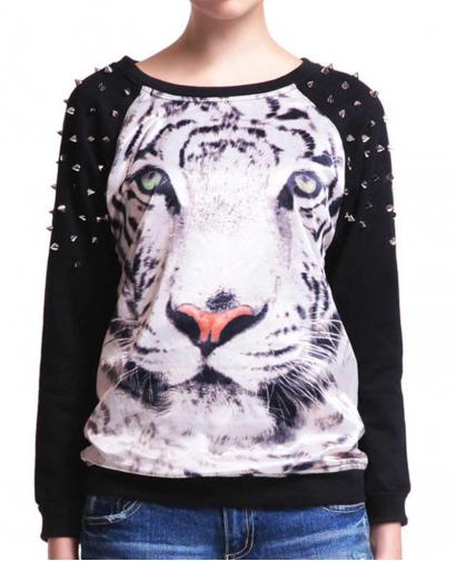 Tiger Pattern Handmade Beading Loose Sweatshirt