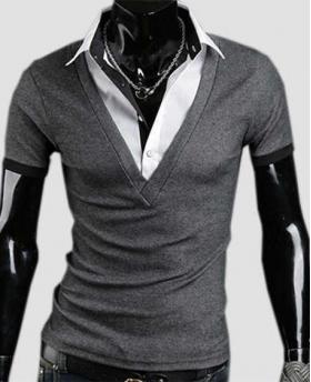Men's Fake Two-piece Special Design With Shirt Collar Slim T-Shirt