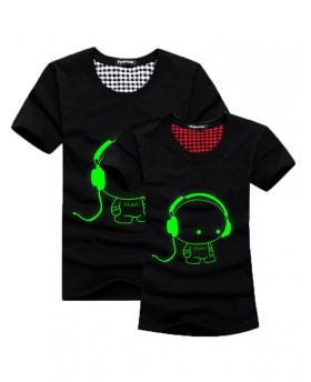 Green Fluorescence Cute Headphone Pattern Lovers T-Shirt