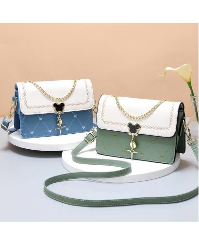 Women's Small Crossbody Bag – Color Block Flap Shoulder Purse with Pearl Chain & Adjustable Strap, PU Leather