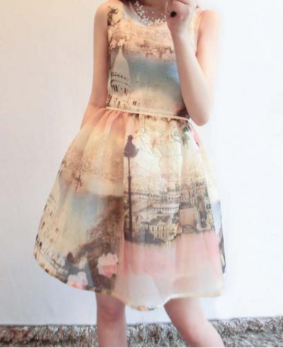Fashion Irregular 3D Printing Random Crop Organza Dress