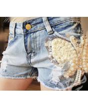 Fashion Pearl Butterfly Embroidered Denim Shorts
