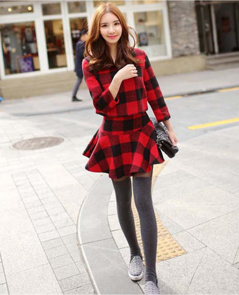  Korean  Winter Fashion  Women s  Grid Style Top Skirt  2 