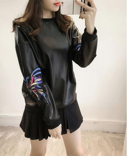 Fashion Women's 3D Butterfly Embroidery Leather Sweater