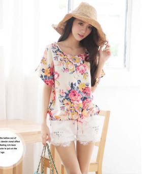 Floral Color Loose Round Neck Chiffon T-shirt