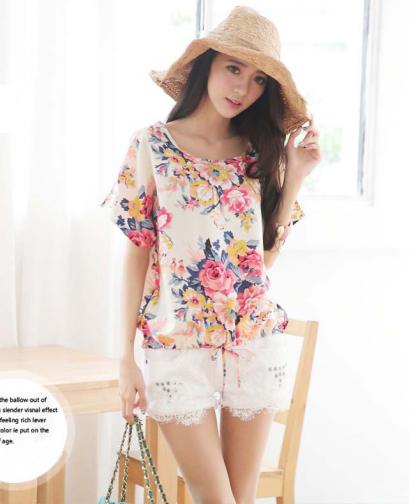 Floral Color Loose Round Neck Chiffon T-shirt